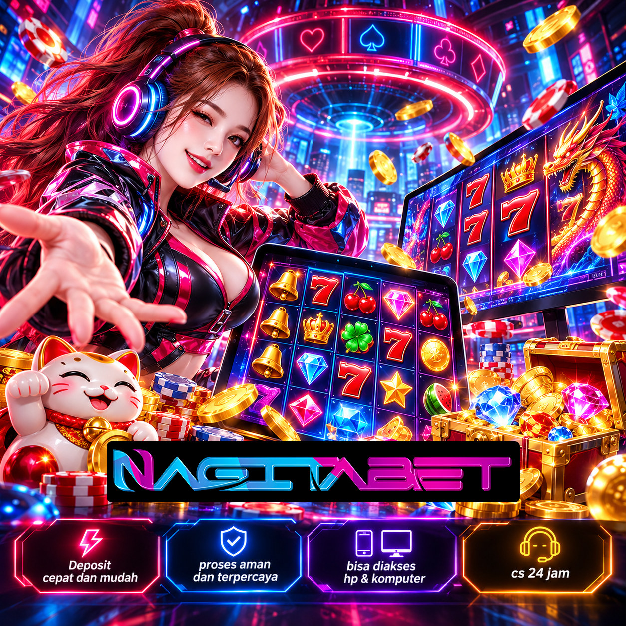 Ilustrasi hiburan digital NAGITABET dengan nuansa neon magenta dan biru